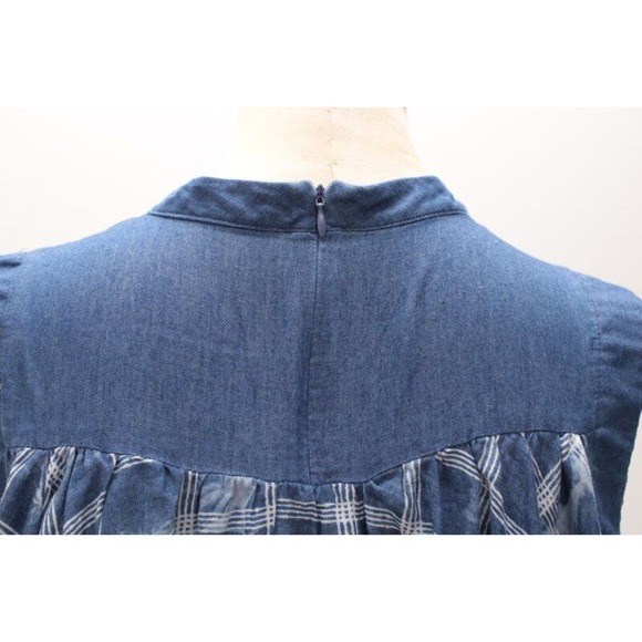 For Her NYC Blouse Top XL High Low Hem Chambray Blue Tie Dyed Plaid Cape-like - Picture 4 of 9